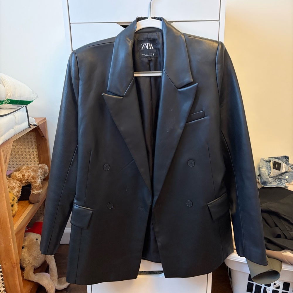 Zara Black Faux Leather Double-Breasted Blazer